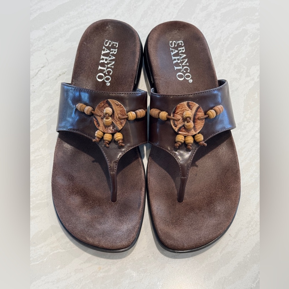 Franco Sarto Dark Brown Leather Beaded Thong Sandals